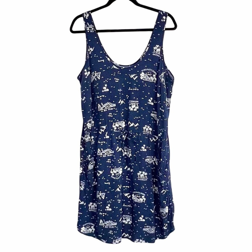 Gap Womens Navy Blue Sundress Large Tropical Print Drawstring Waist Side Pockets